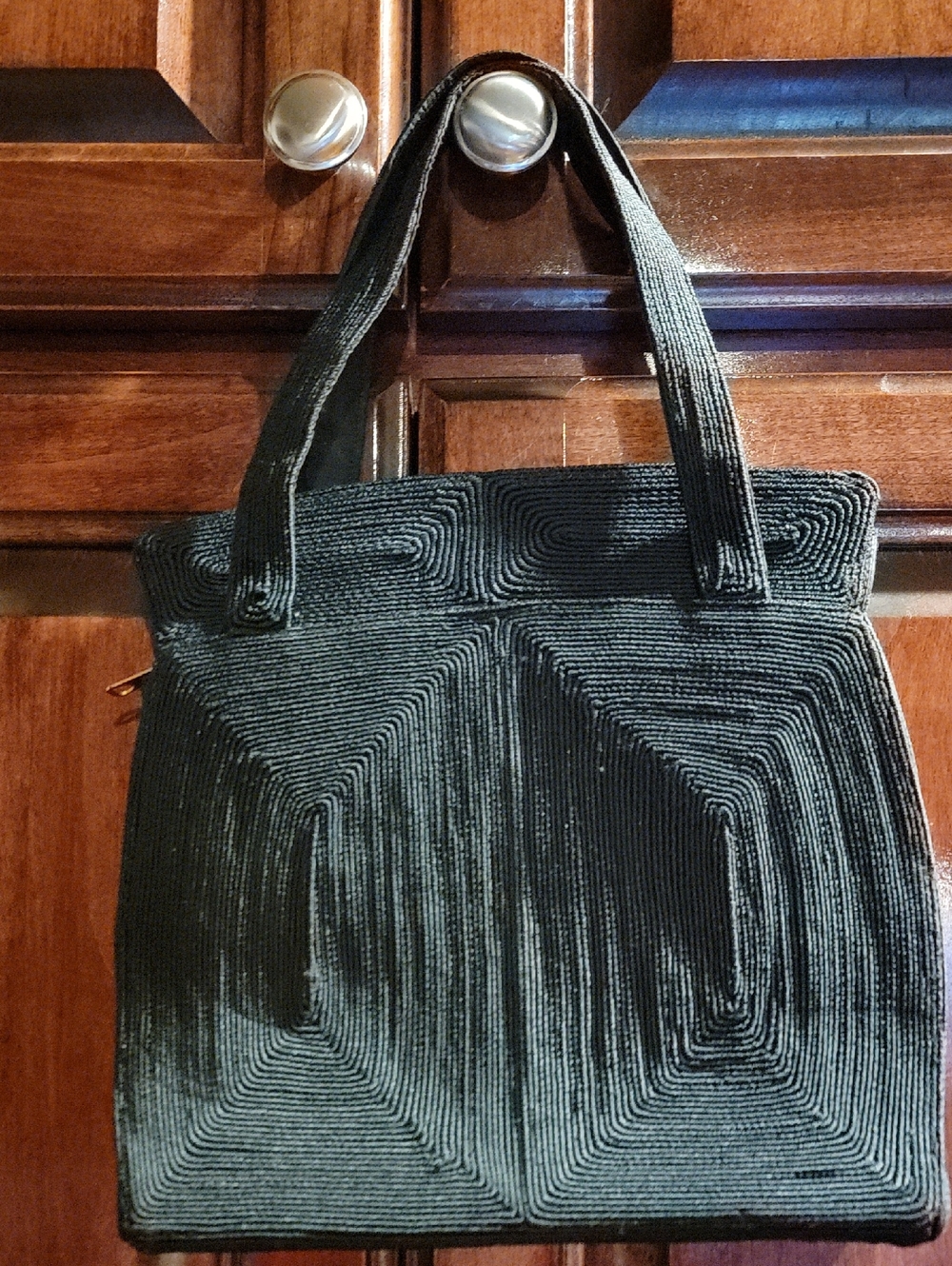 Vintage Black Geometric Textured Corde Bag with Top Handles